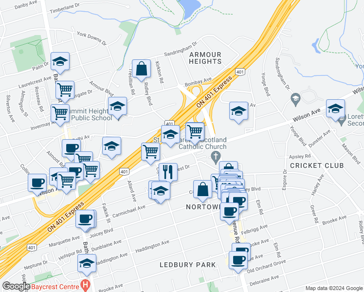map of restaurants, bars, coffee shops, grocery stores, and more near in Toronto