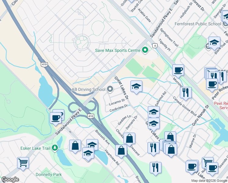 map of restaurants, bars, coffee shops, grocery stores, and more near in Brampton