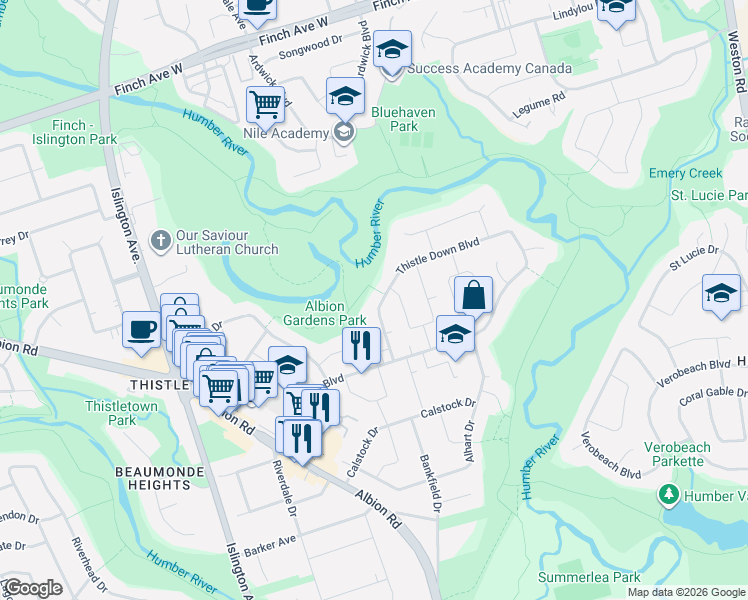 map of restaurants, bars, coffee shops, grocery stores, and more near 263 Thistle Down Boulevard in Toronto