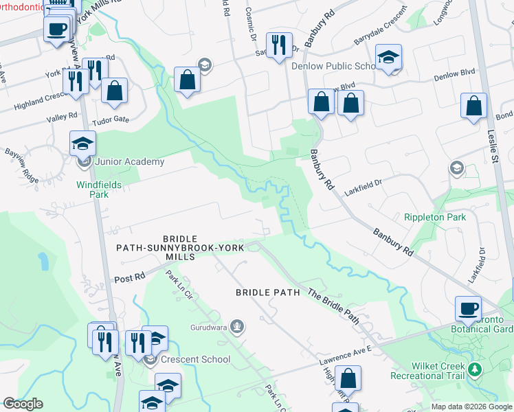 map of restaurants, bars, coffee shops, grocery stores, and more near 18 Timberglade Court in Toronto