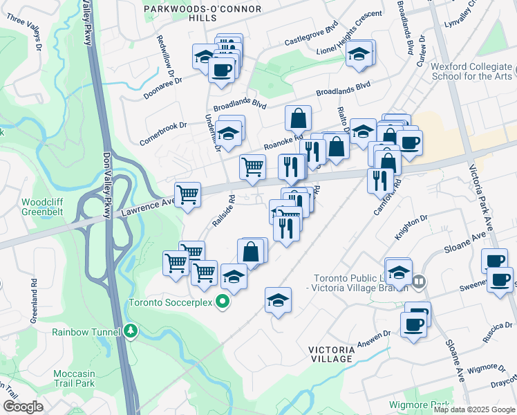 map of restaurants, bars, coffee shops, grocery stores, and more near 201 Lawrence Avenue East in Toronto