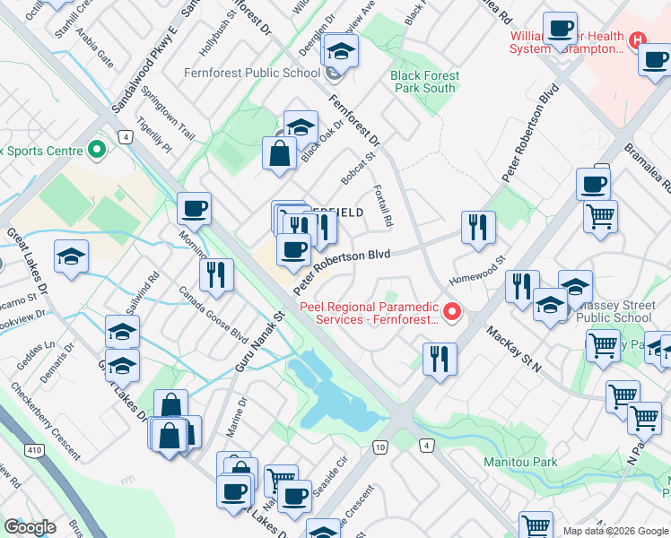 map of restaurants, bars, coffee shops, grocery stores, and more near 11 Rangeland Road in Brampton