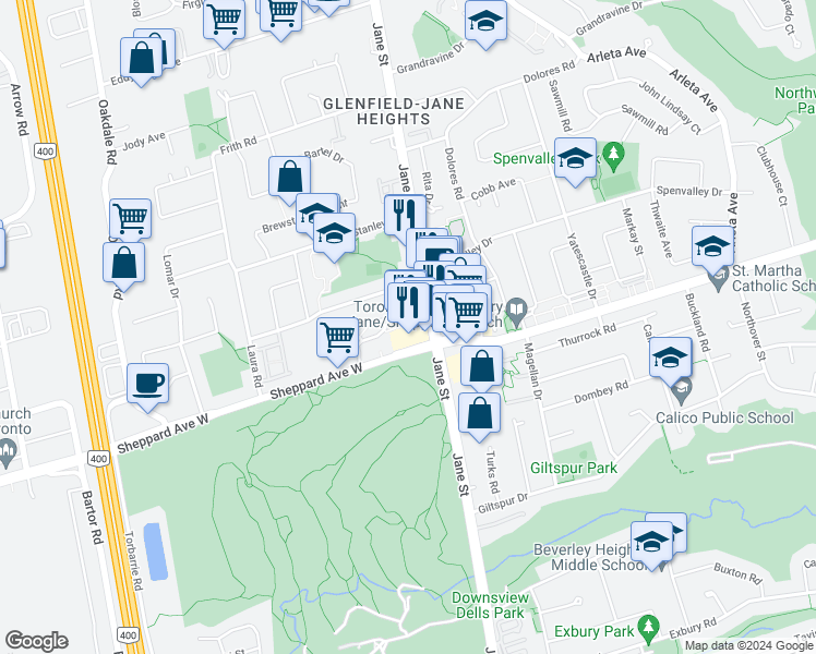 map of restaurants, bars, coffee shops, grocery stores, and more near 2528 Jane Street in Toronto