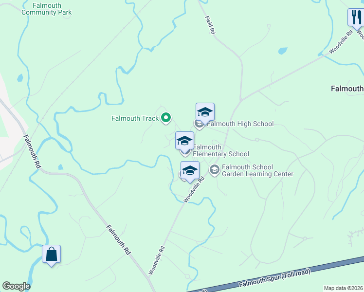 map of restaurants, bars, coffee shops, grocery stores, and more near 52 Woodville Road in Falmouth