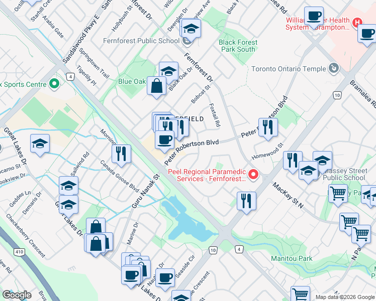 map of restaurants, bars, coffee shops, grocery stores, and more near 11 Rangeland Road in Brampton