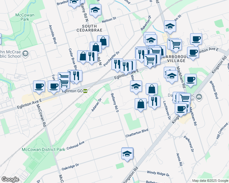 map of restaurants, bars, coffee shops, grocery stores, and more near 97 Bellamy Road South in Toronto