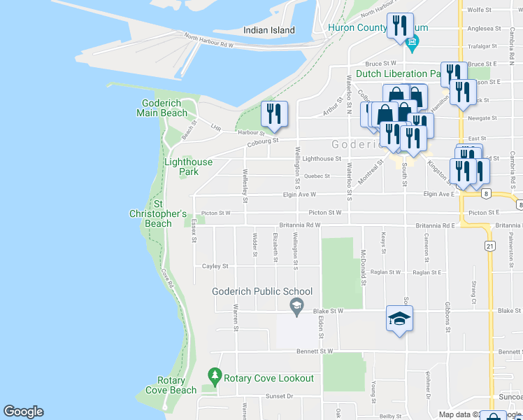 map of restaurants, bars, coffee shops, grocery stores, and more near 190 Picton Street West in Goderich