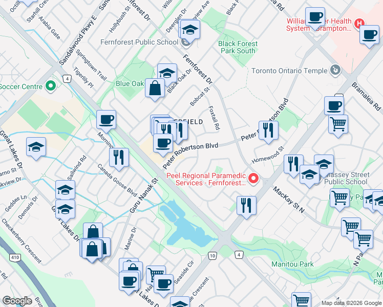 map of restaurants, bars, coffee shops, grocery stores, and more near 5 Rangeland Road in Brampton