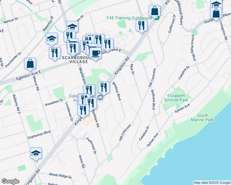 map of restaurants, bars, coffee shops, grocery stores, and more near 71 Brinloor Boulevard in Toronto