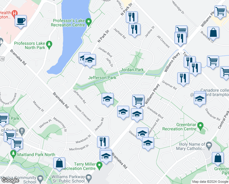 map of restaurants, bars, coffee shops, grocery stores, and more near 2 Jeffrey Street in Brampton
