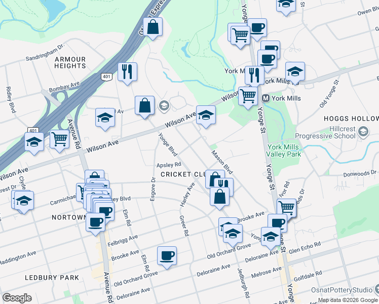 map of restaurants, bars, coffee shops, grocery stores, and more near 76 De Vere Gardens in Toronto