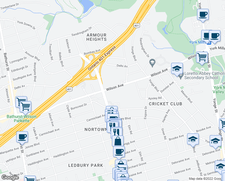 map of restaurants, bars, coffee shops, grocery stores, and more near 161 Wilson Avenue in Toronto