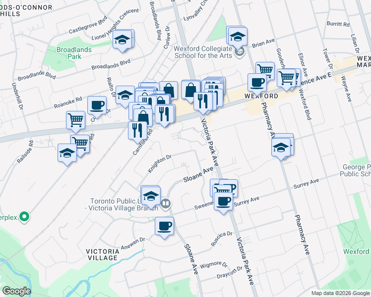 map of restaurants, bars, coffee shops, grocery stores, and more near 68 Knighton Drive in Toronto