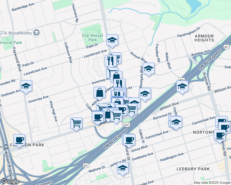 map of restaurants, bars, coffee shops, grocery stores, and more near 3840 Bathurst Street in Toronto