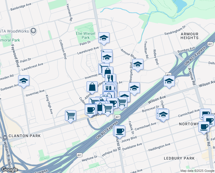 map of restaurants, bars, coffee shops, grocery stores, and more near 3840 Bathurst Street in Toronto