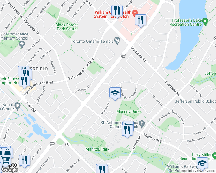 map of restaurants, bars, coffee shops, grocery stores, and more near 103 Marblehead Crescent in Brampton