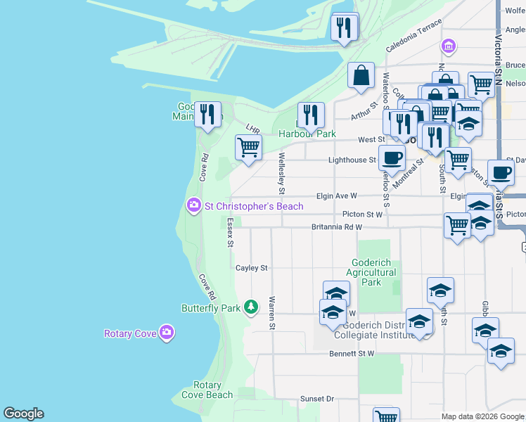map of restaurants, bars, coffee shops, grocery stores, and more near 232 Picton Street West in Goderich