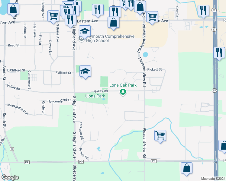 map of restaurants, bars, coffee shops, grocery stores, and more near 2114 Valley Road in Plymouth