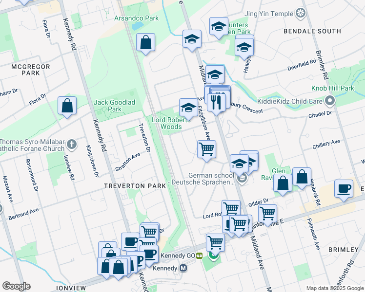 map of restaurants, bars, coffee shops, grocery stores, and more near 50 Wainfleet Road in Toronto