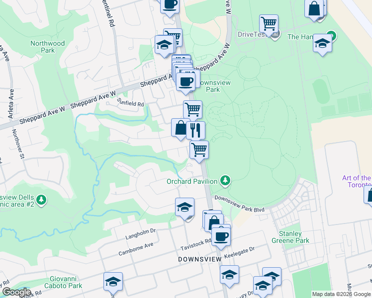 map of restaurants, bars, coffee shops, grocery stores, and more near 15 Maryport Avenue in Toronto