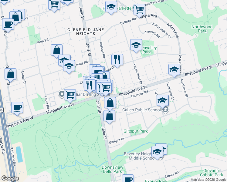 map of restaurants, bars, coffee shops, grocery stores, and more near 9 San Vito Way in Toronto