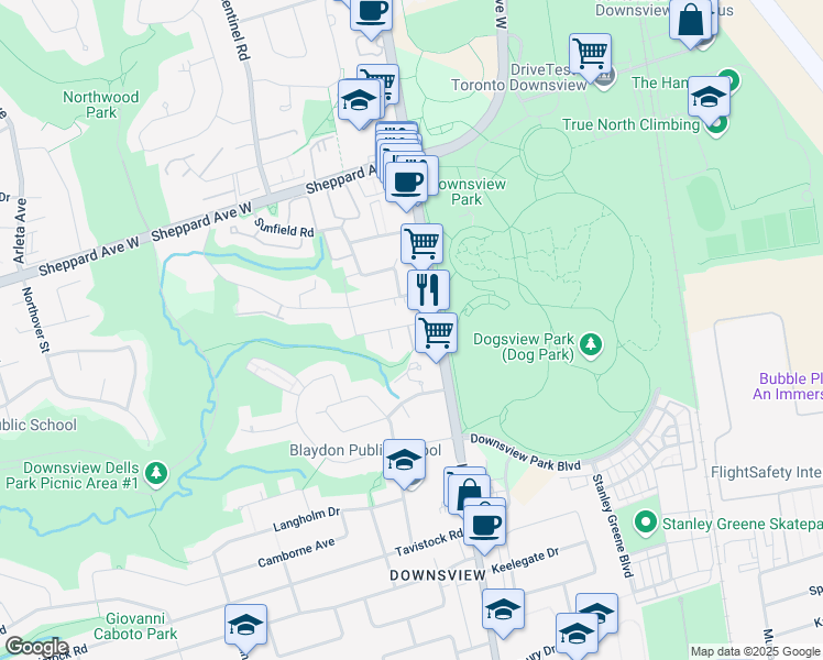 map of restaurants, bars, coffee shops, grocery stores, and more near 15 Maryport Avenue in Toronto