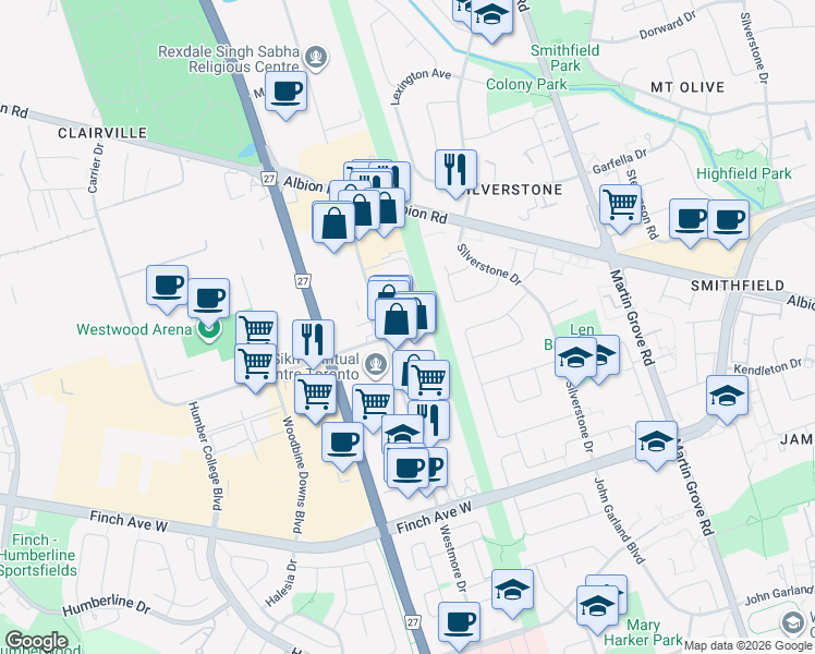 map of restaurants, bars, coffee shops, grocery stores, and more near 67 Westmore Drive in Toronto