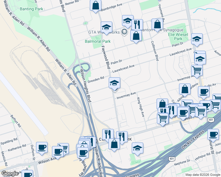 map of restaurants, bars, coffee shops, grocery stores, and more near 1 Sunbeam Avenue in Toronto