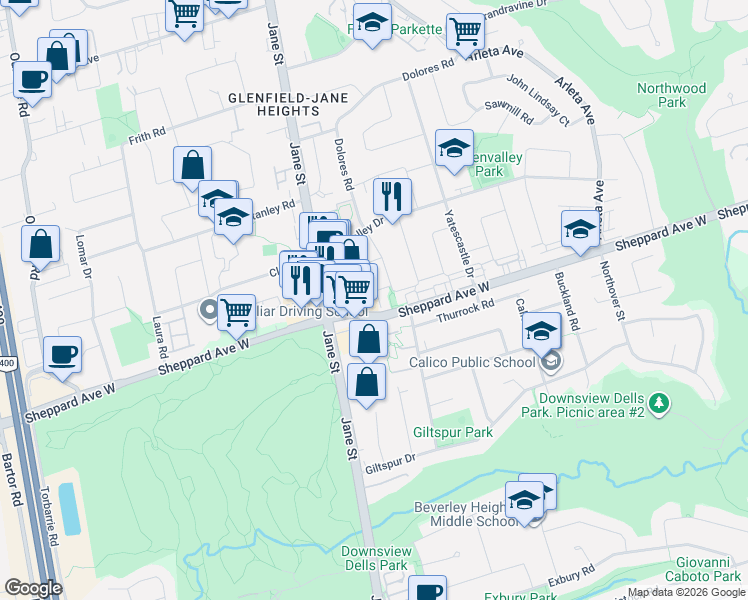 map of restaurants, bars, coffee shops, grocery stores, and more near 12 San Vito Way in Toronto