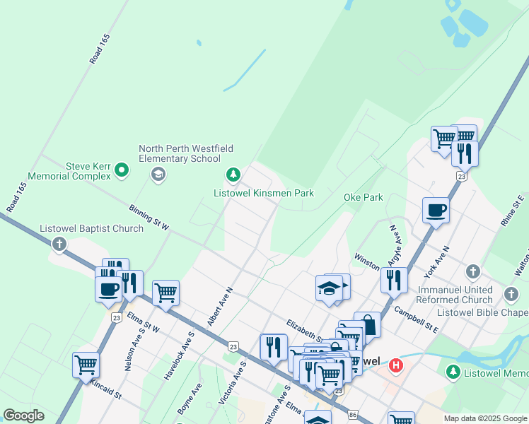 map of restaurants, bars, coffee shops, grocery stores, and more near 725 Scott Street West in Listowel