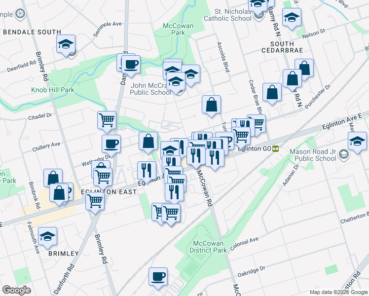 map of restaurants, bars, coffee shops, grocery stores, and more near 370 McCowan Road in Toronto