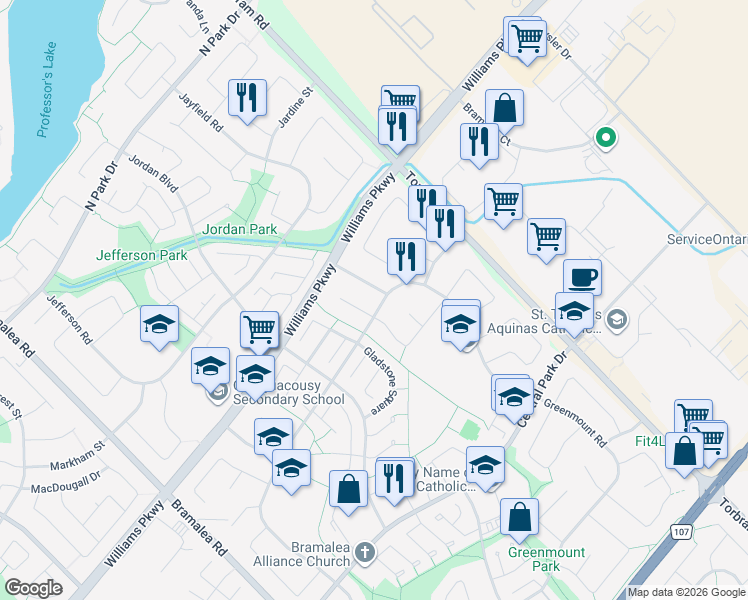 map of restaurants, bars, coffee shops, grocery stores, and more near in Brampton
