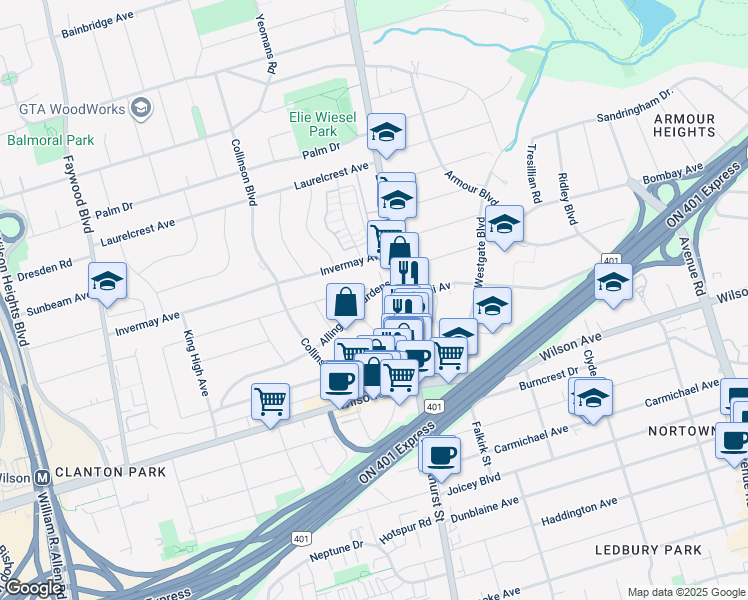 map of restaurants, bars, coffee shops, grocery stores, and more near 19 Allingham Gardens in Toronto