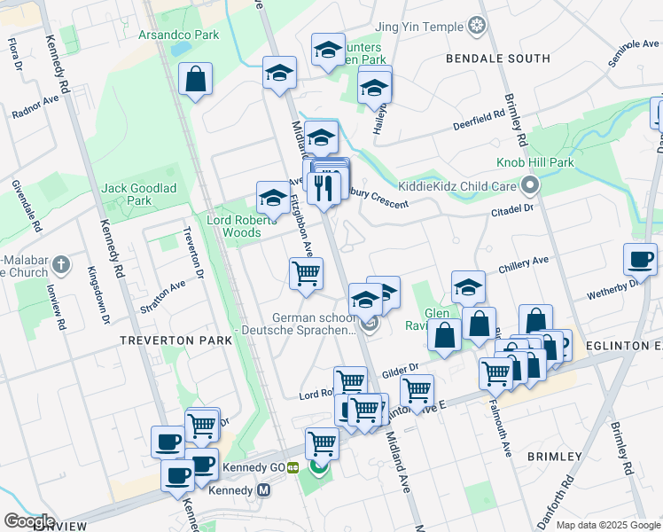 map of restaurants, bars, coffee shops, grocery stores, and more near in Toronto