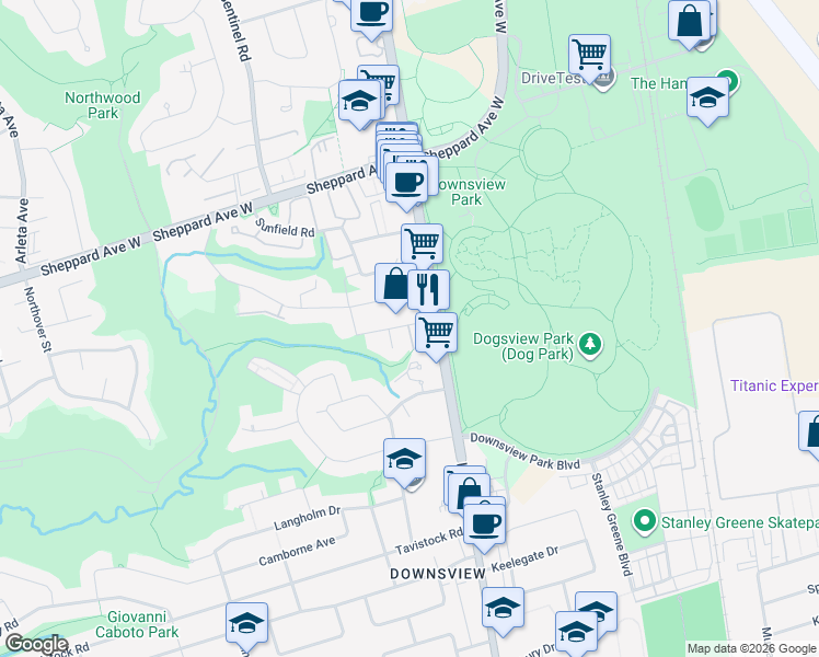 map of restaurants, bars, coffee shops, grocery stores, and more near in Toronto