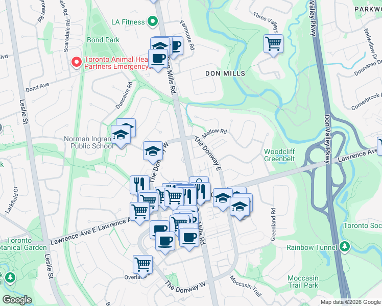 map of restaurants, bars, coffee shops, grocery stores, and more near 38 Dutch Myrtle Way in Toronto