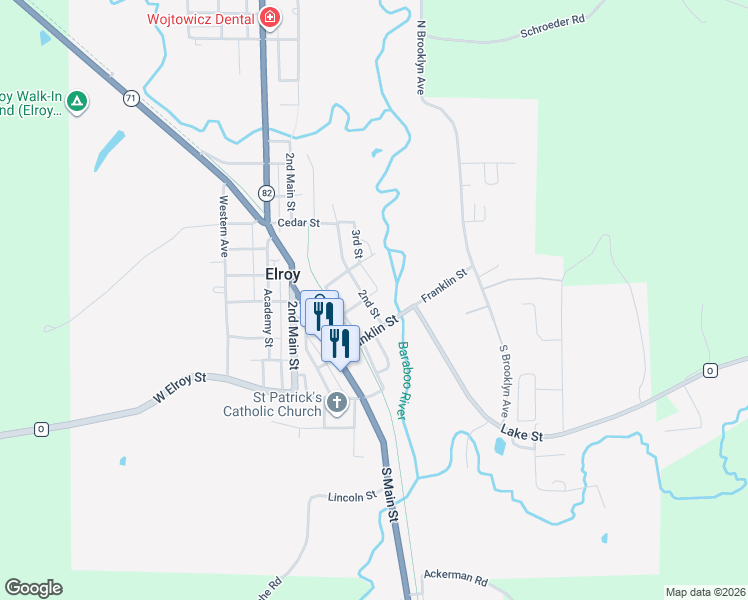 map of restaurants, bars, coffee shops, grocery stores, and more near 112 2nd Street in Elroy