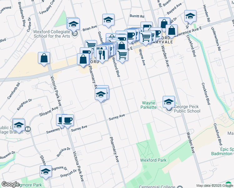 map of restaurants, bars, coffee shops, grocery stores, and more near in Toronto