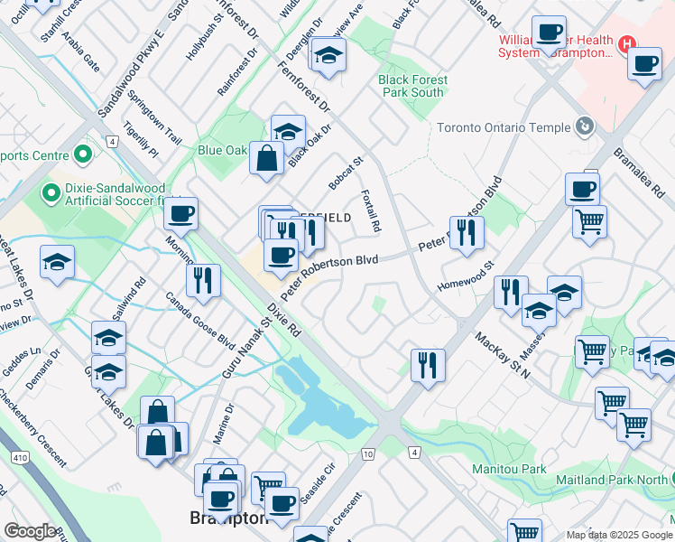 map of restaurants, bars, coffee shops, grocery stores, and more near 671 Peter Robertson Boulevard in Brampton