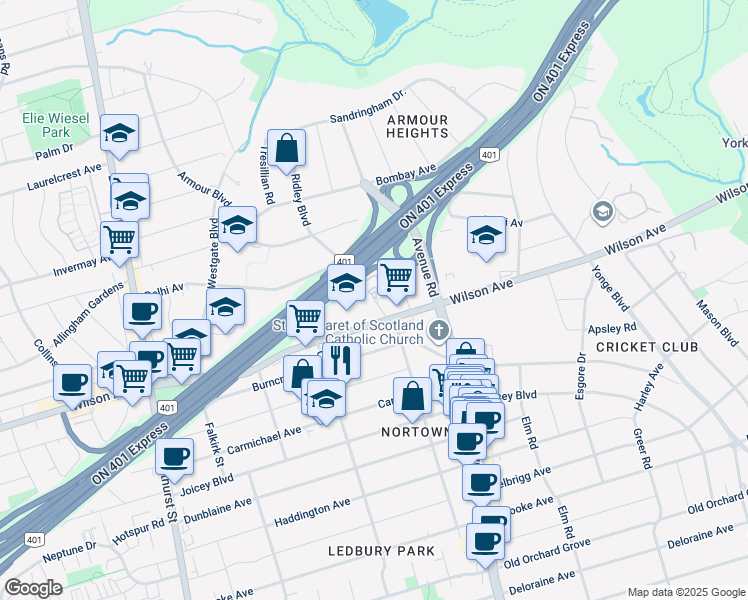 map of restaurants, bars, coffee shops, grocery stores, and more near 278 Ridley Boulevard in Toronto