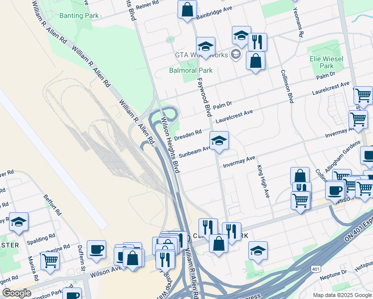 map of restaurants, bars, coffee shops, grocery stores, and more near 20 Sunbeam Avenue in Toronto