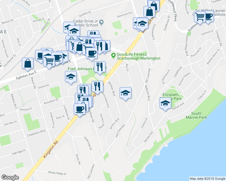 map of restaurants, bars, coffee shops, grocery stores, and more near 71 Brinloor Boulevard in Toronto