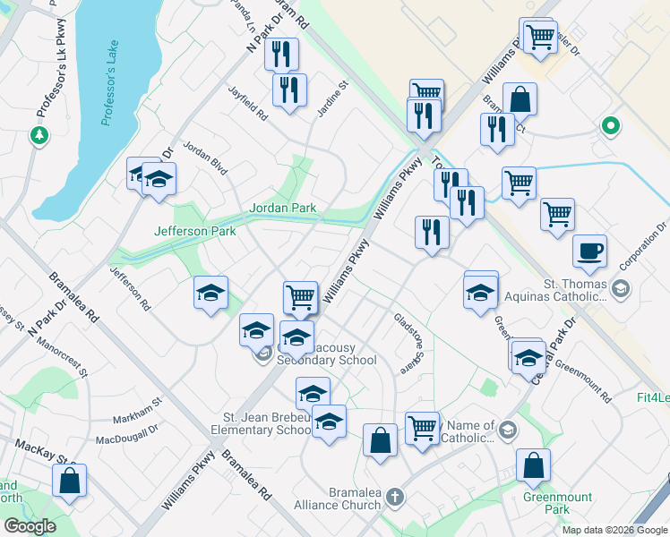 map of restaurants, bars, coffee shops, grocery stores, and more near 34 Jackman Drive in Brampton