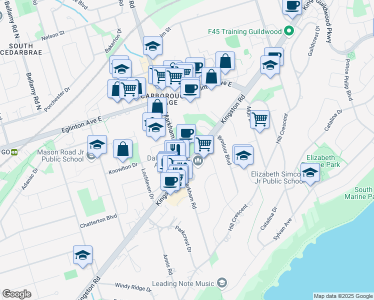 map of restaurants, bars, coffee shops, grocery stores, and more near 3600 Kingston Road in Toronto