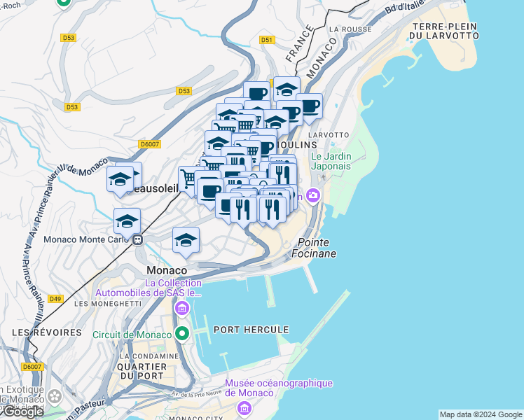 map of restaurants, bars, coffee shops, grocery stores, and more near in Monaco
