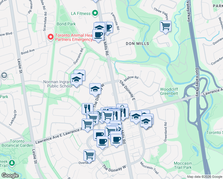 map of restaurants, bars, coffee shops, grocery stores, and more near 1210 Don Mills Road in Toronto