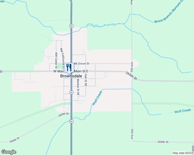 map of restaurants, bars, coffee shops, grocery stores, and more near 401 Pleasant Street Southeast in Brownsdale