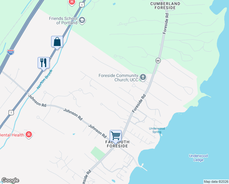 map of restaurants, bars, coffee shops, grocery stores, and more near 22 Carmichael Avenue in Falmouth