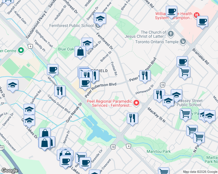 map of restaurants, bars, coffee shops, grocery stores, and more near 671 Peter Robertson Boulevard in Brampton