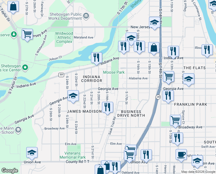 map of restaurants, bars, coffee shops, grocery stores, and more near 1830 Georgia Avenue in Sheboygan